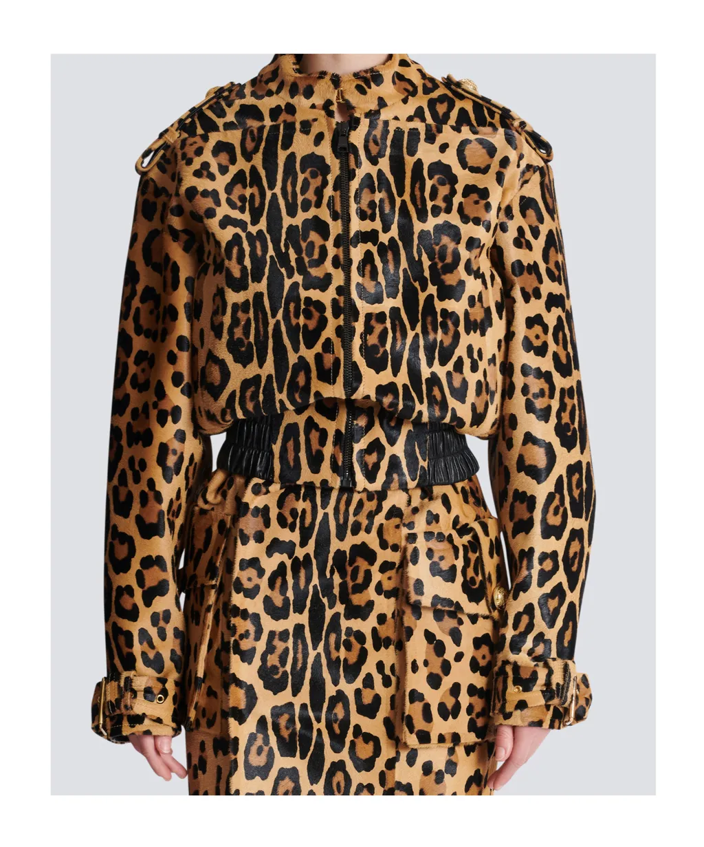Ponyskin-Style Leather Bomber Jacket With Leopard Pattern