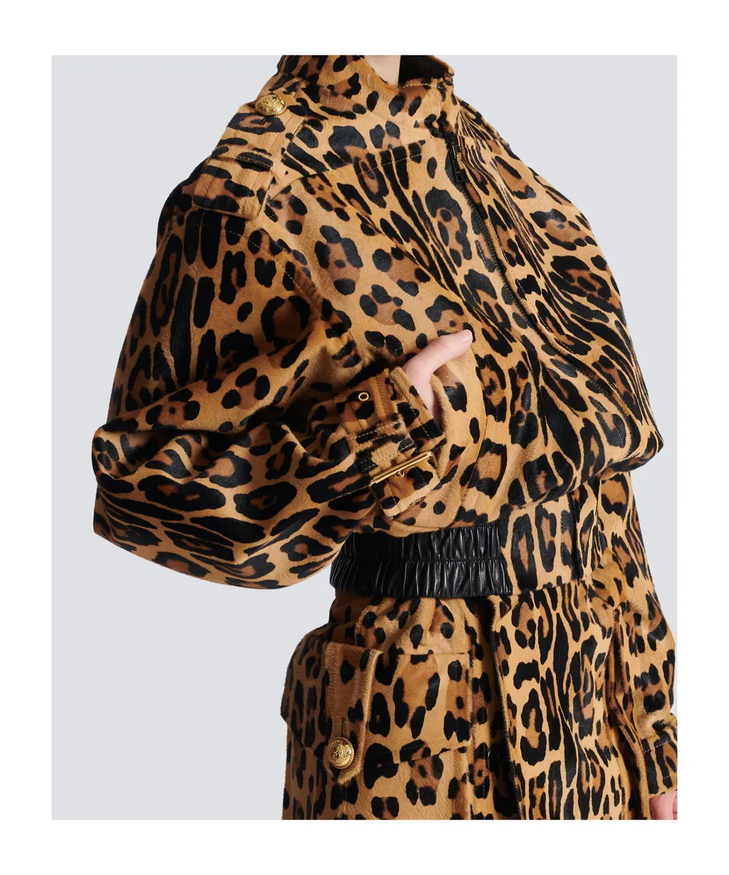 Ponyskin-Style Leather Bomber Jacket With Leopard Pattern