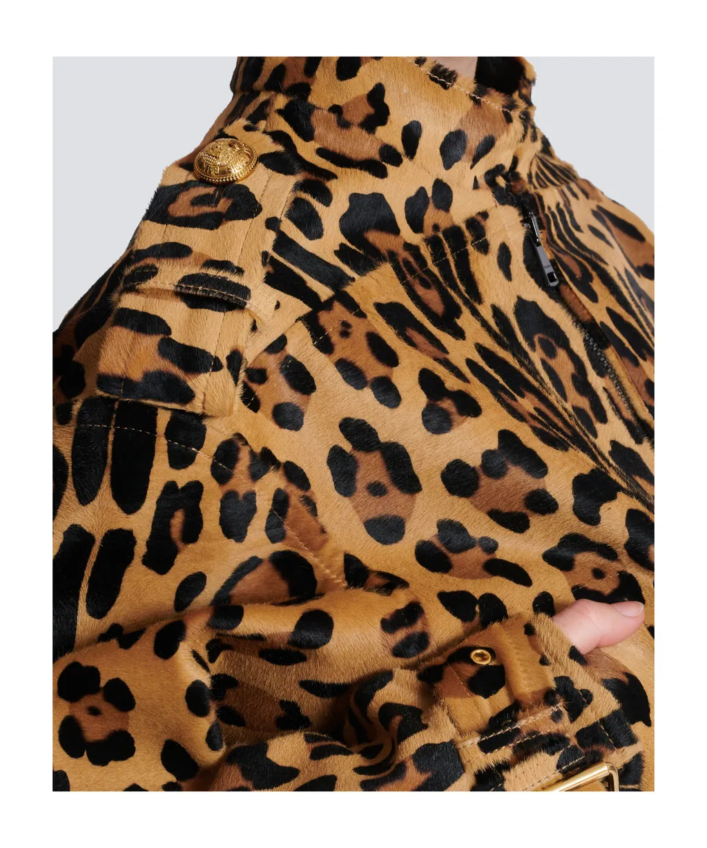 Ponyskin-Style Leather Bomber Jacket With Leopard Pattern