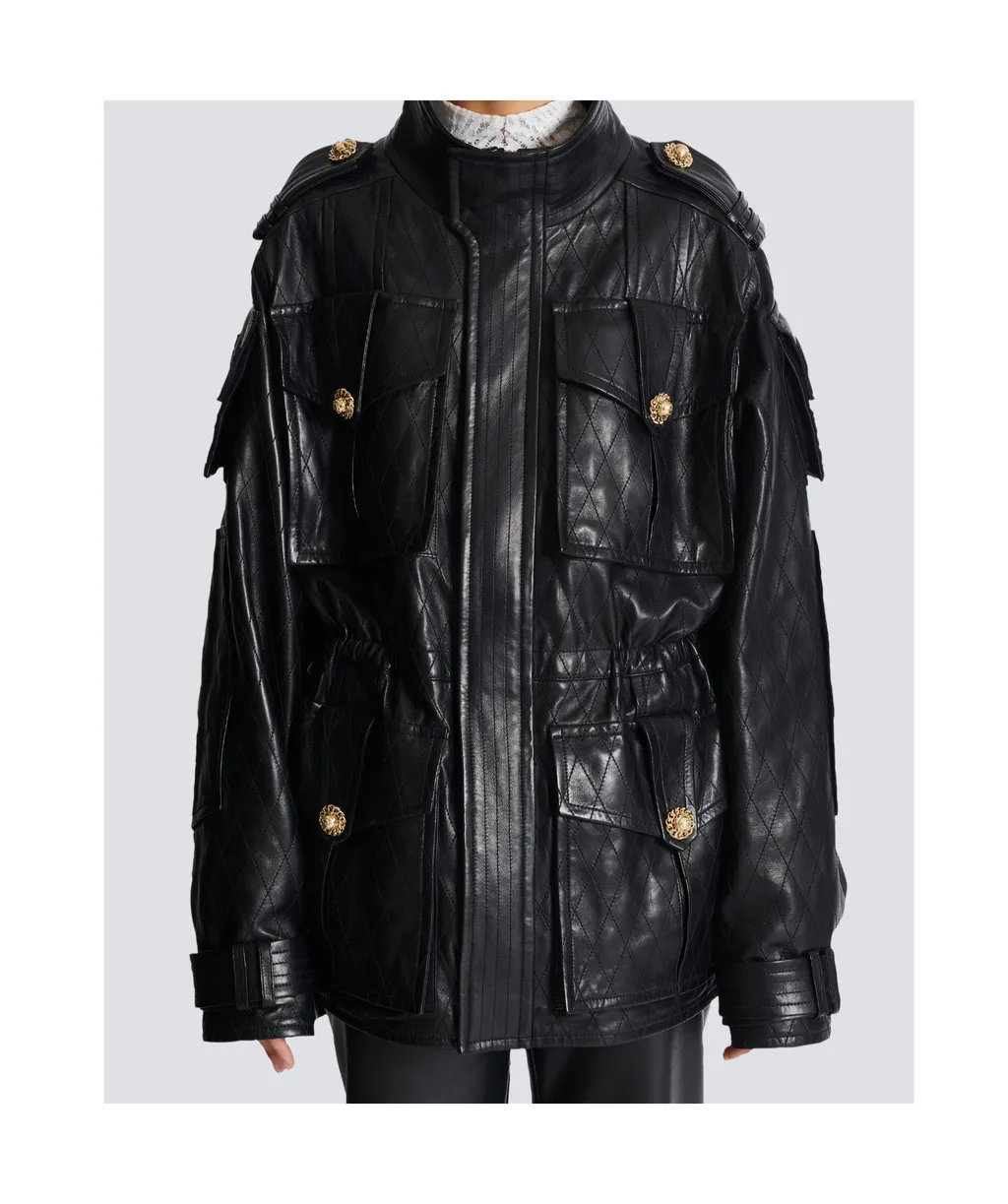 Lambskin Leather Parka With Topstitched Diamond Pattern