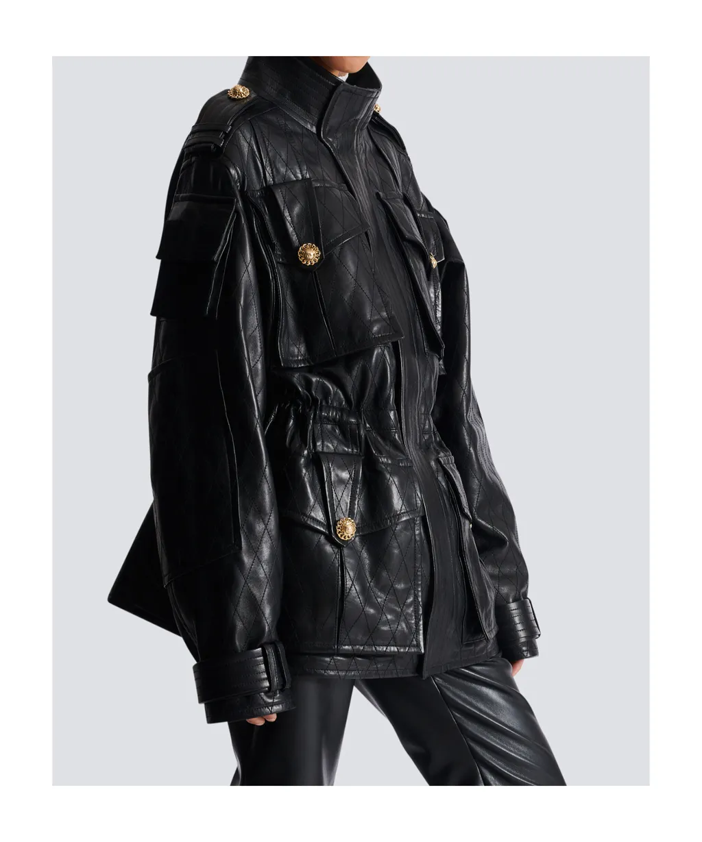 Lambskin Leather Parka With Topstitched Diamond Pattern