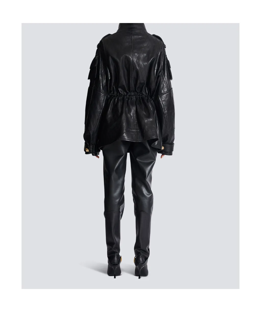 Lambskin Leather Parka With Topstitched Diamond Pattern