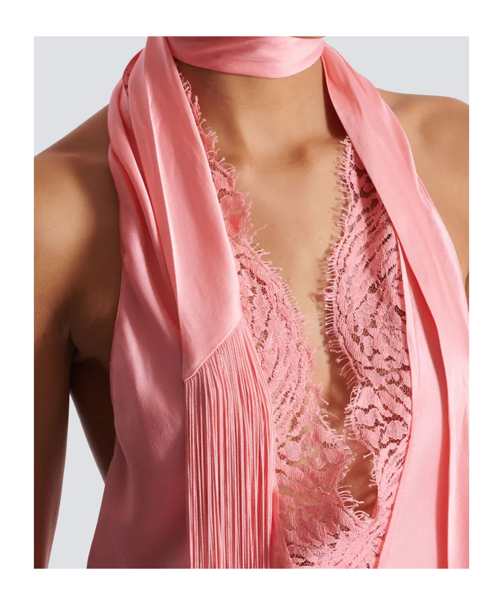 Backless Fringed Satin Top