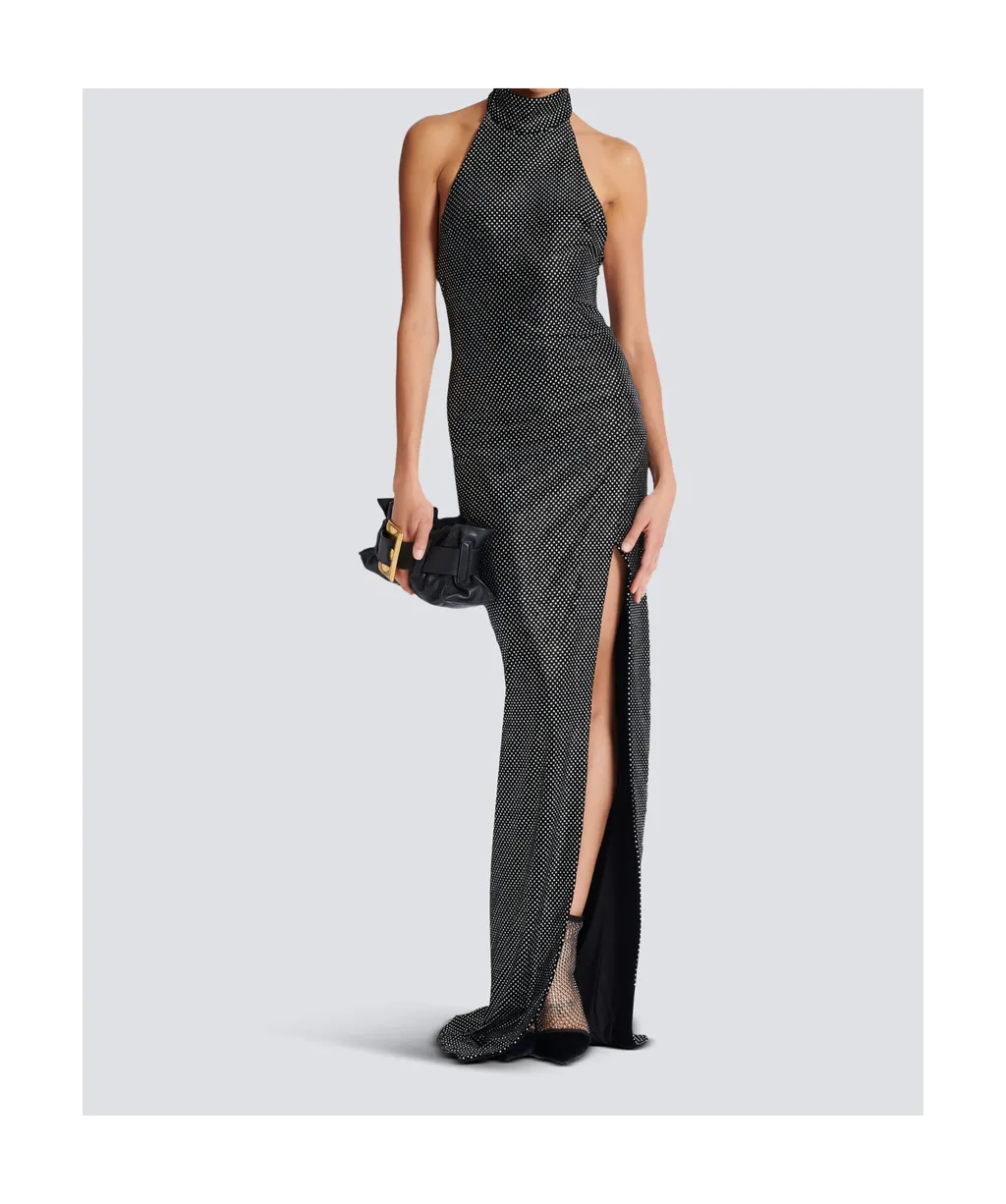 Long Velvet Halterneck Dress With Rhinestones