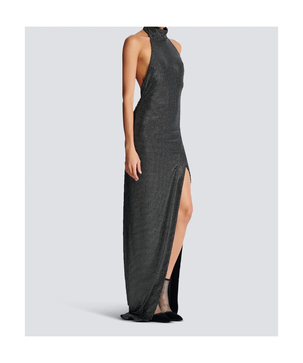 Long Velvet Halterneck Dress With Rhinestones
