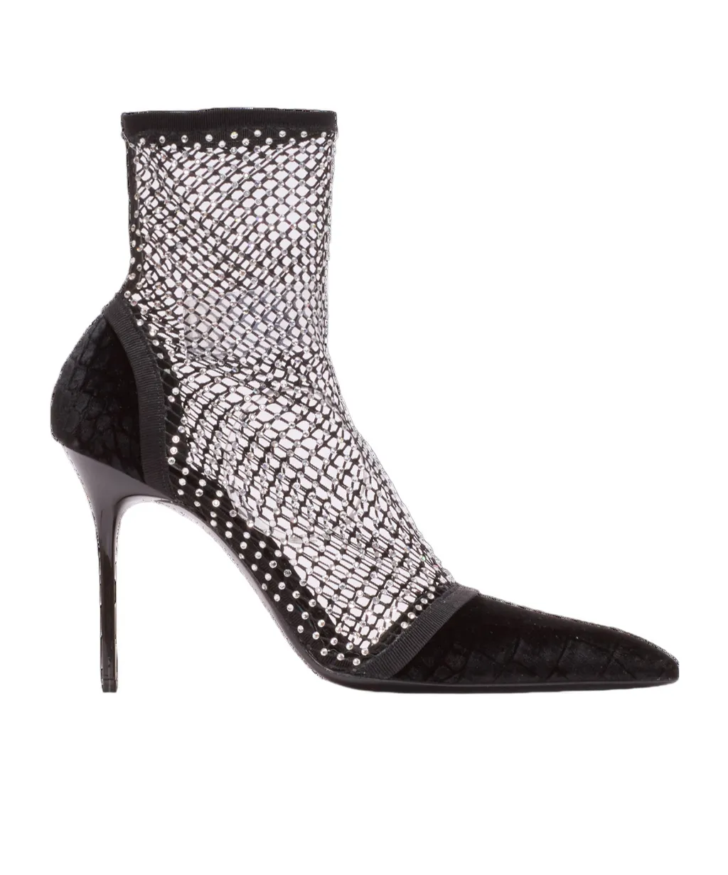 Mesh Heeled Ankle Boots With Velvet And Rhinestones