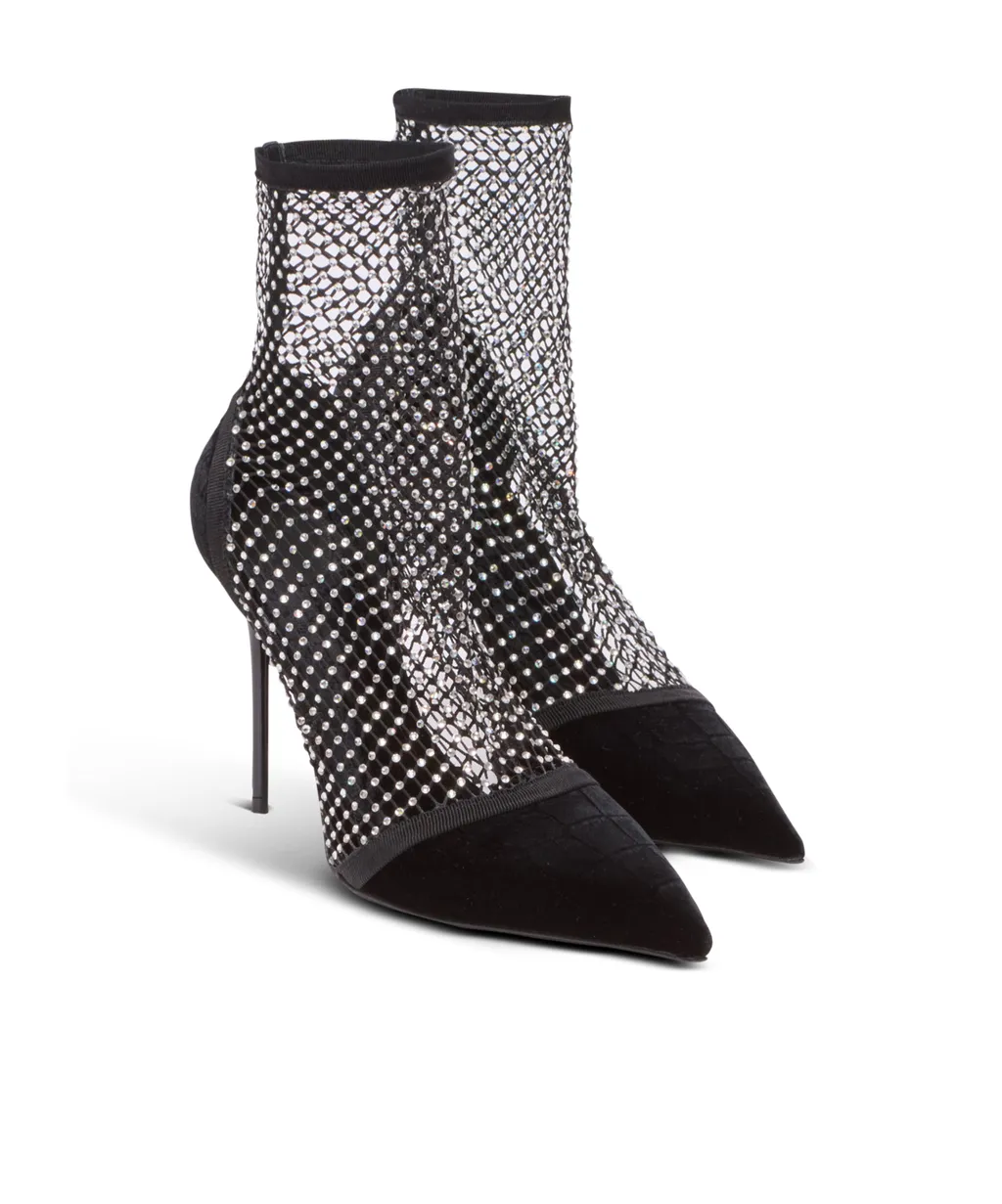 Mesh Heeled Ankle Boots With Velvet And Rhinestones