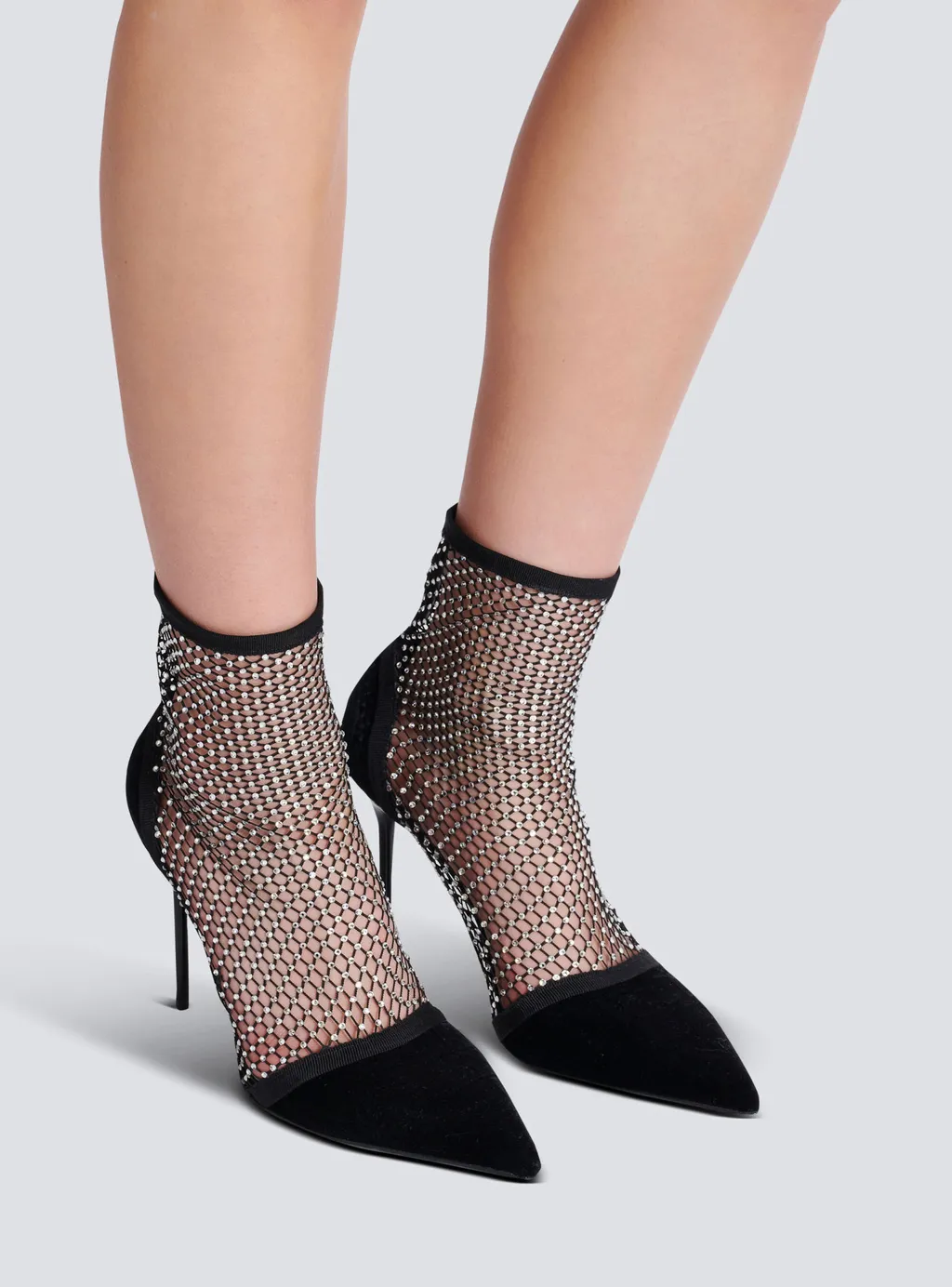 Mesh Heeled Ankle Boots With Velvet And Rhinestones