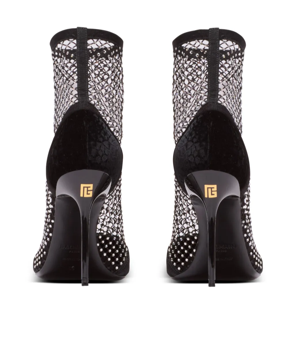 Mesh Heeled Ankle Boots With Velvet And Rhinestones