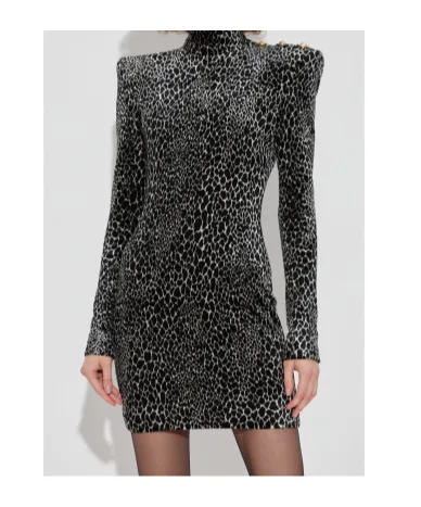 Padded-Shoulder Animal-Print Dress