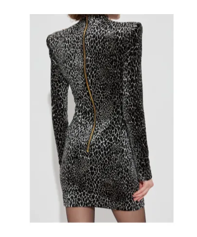 Padded-Shoulder Animal-Print Dress