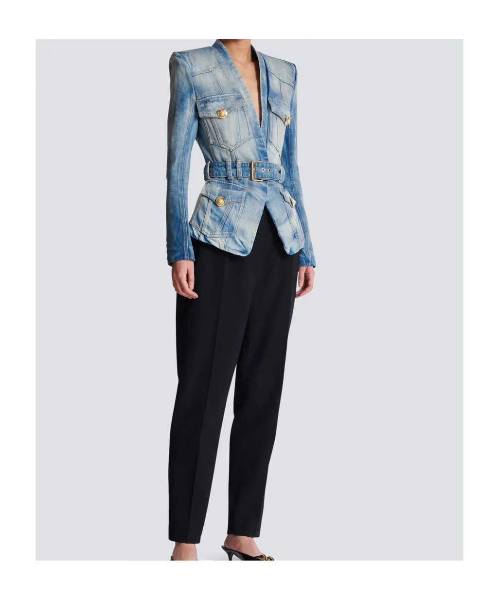 1-Button Belted Denim Jacket