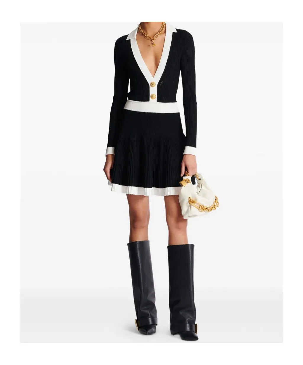 V-Neck Pleated Knit Dress