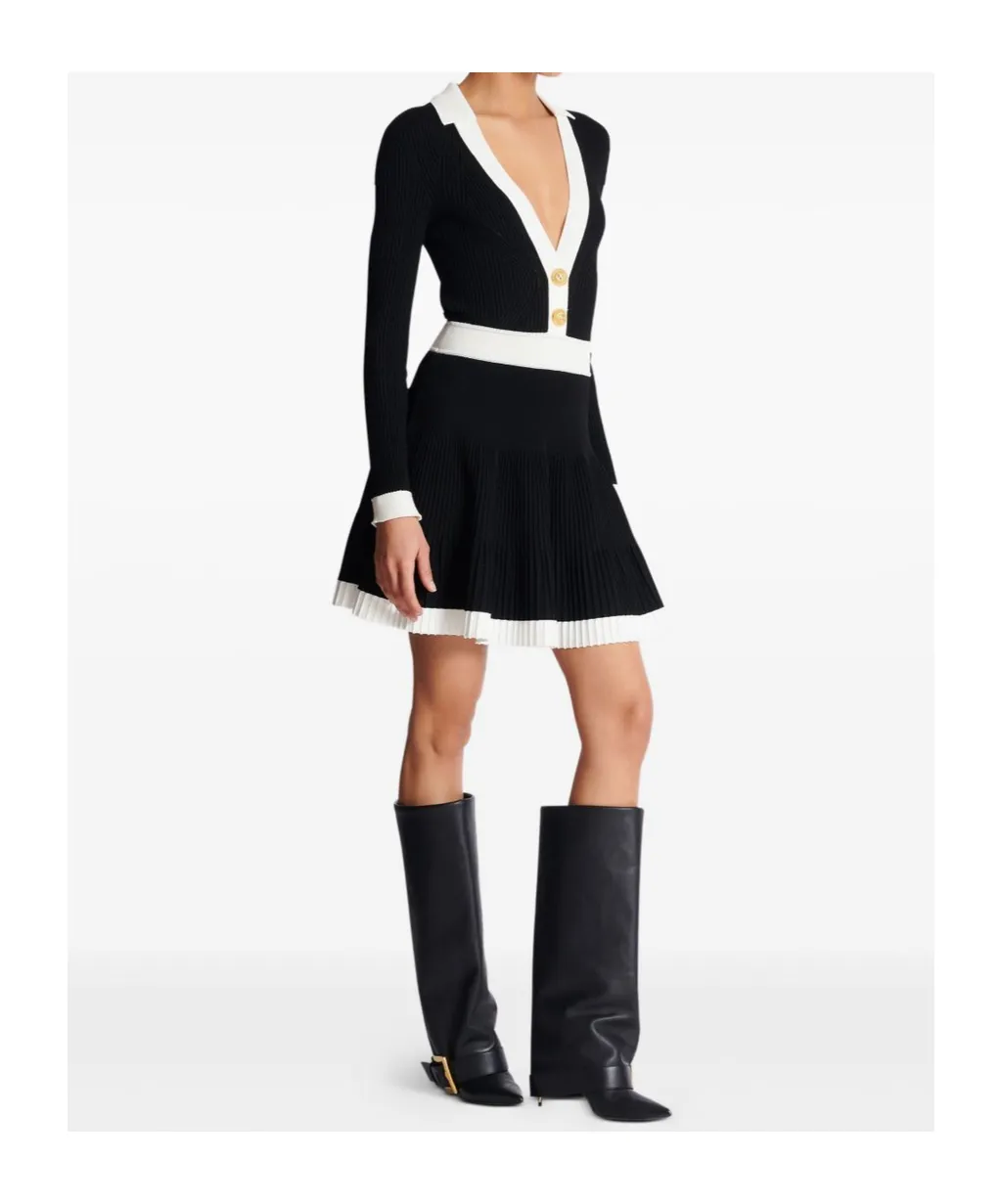 V-Neck Pleated Knit Dress