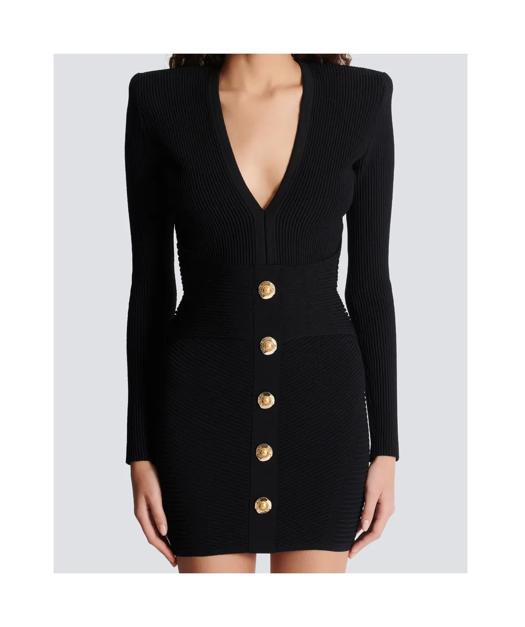 V-Neck Ribbed Long-Sleeved Dress