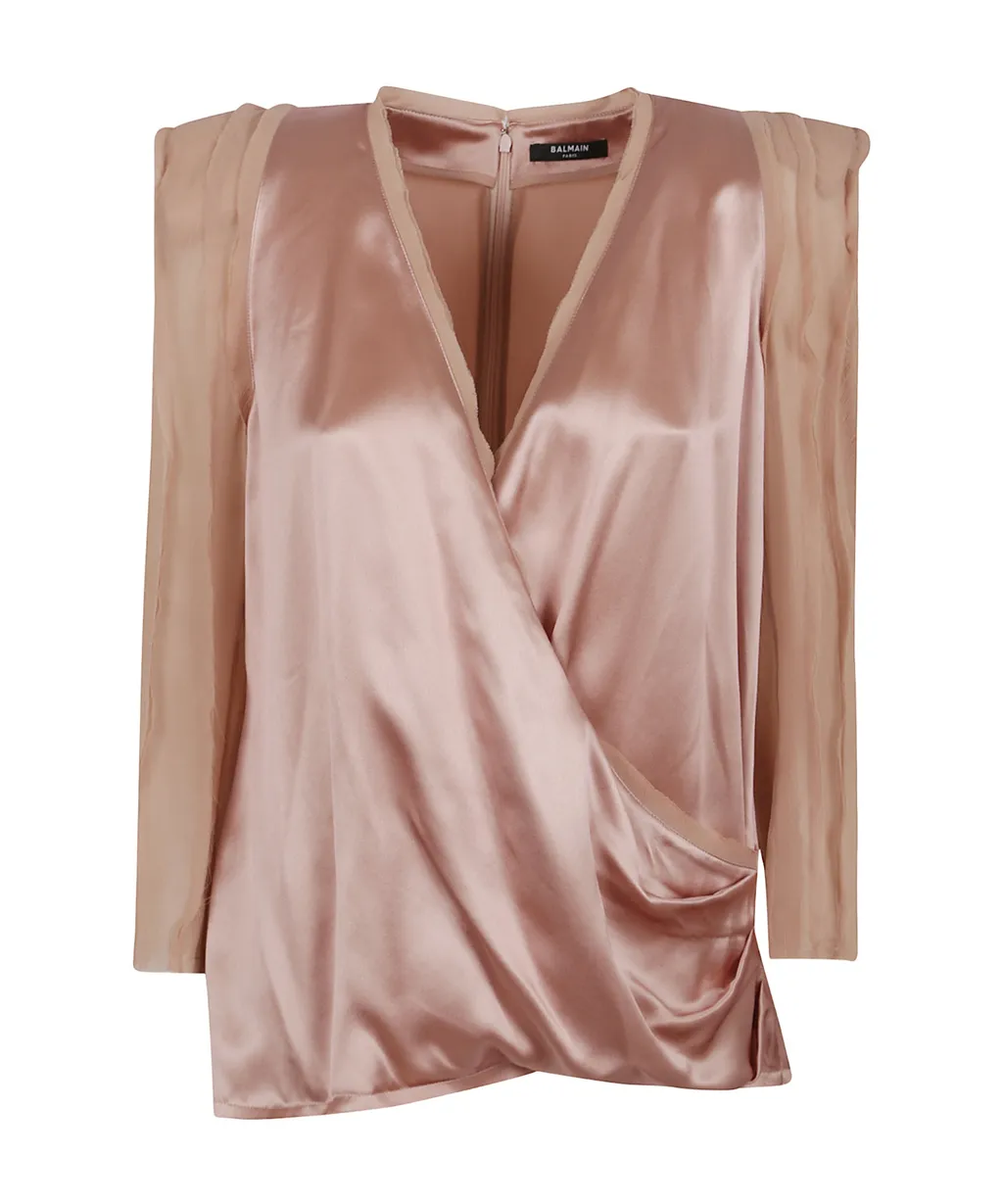 Shoulder-Pad Satin Blouse