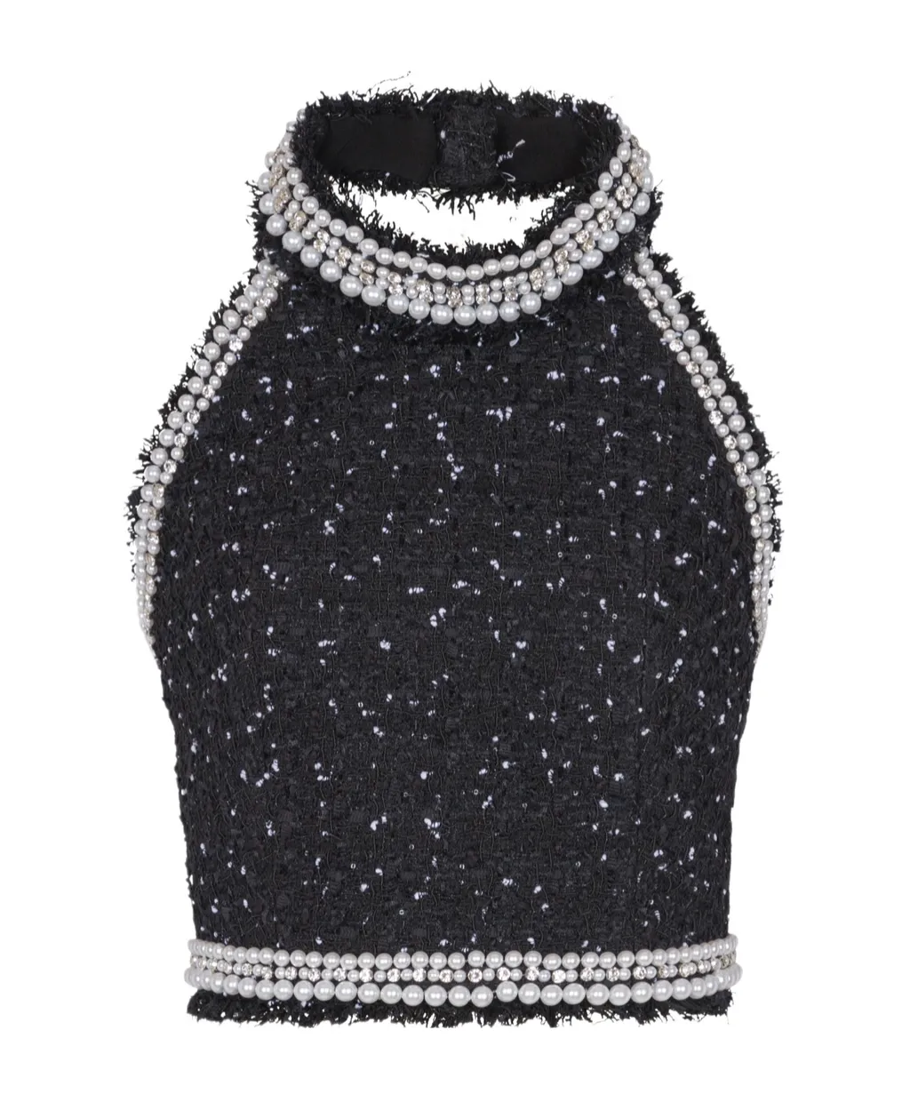 Embroidered Polka-Dot Tweed Halterneck Top