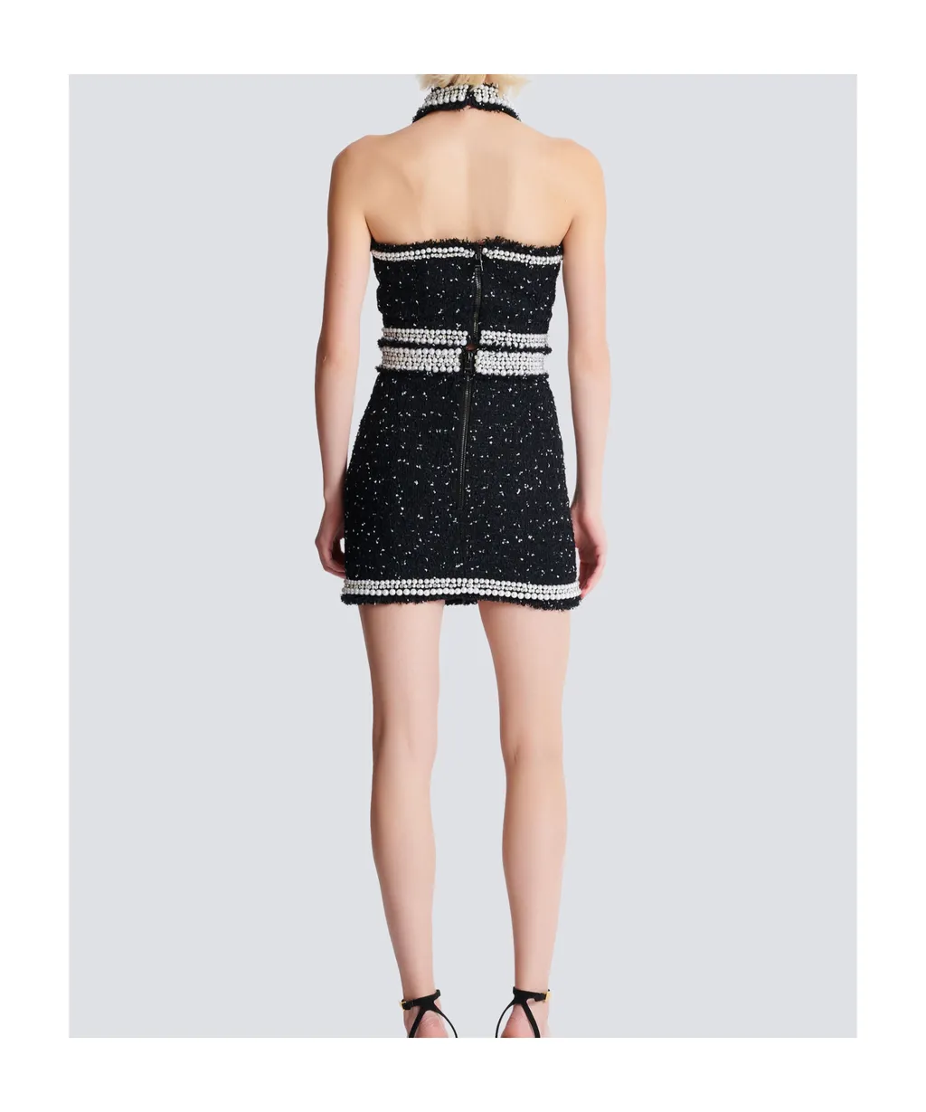 Embroidered Polka-Dot Tweed Halterneck Top