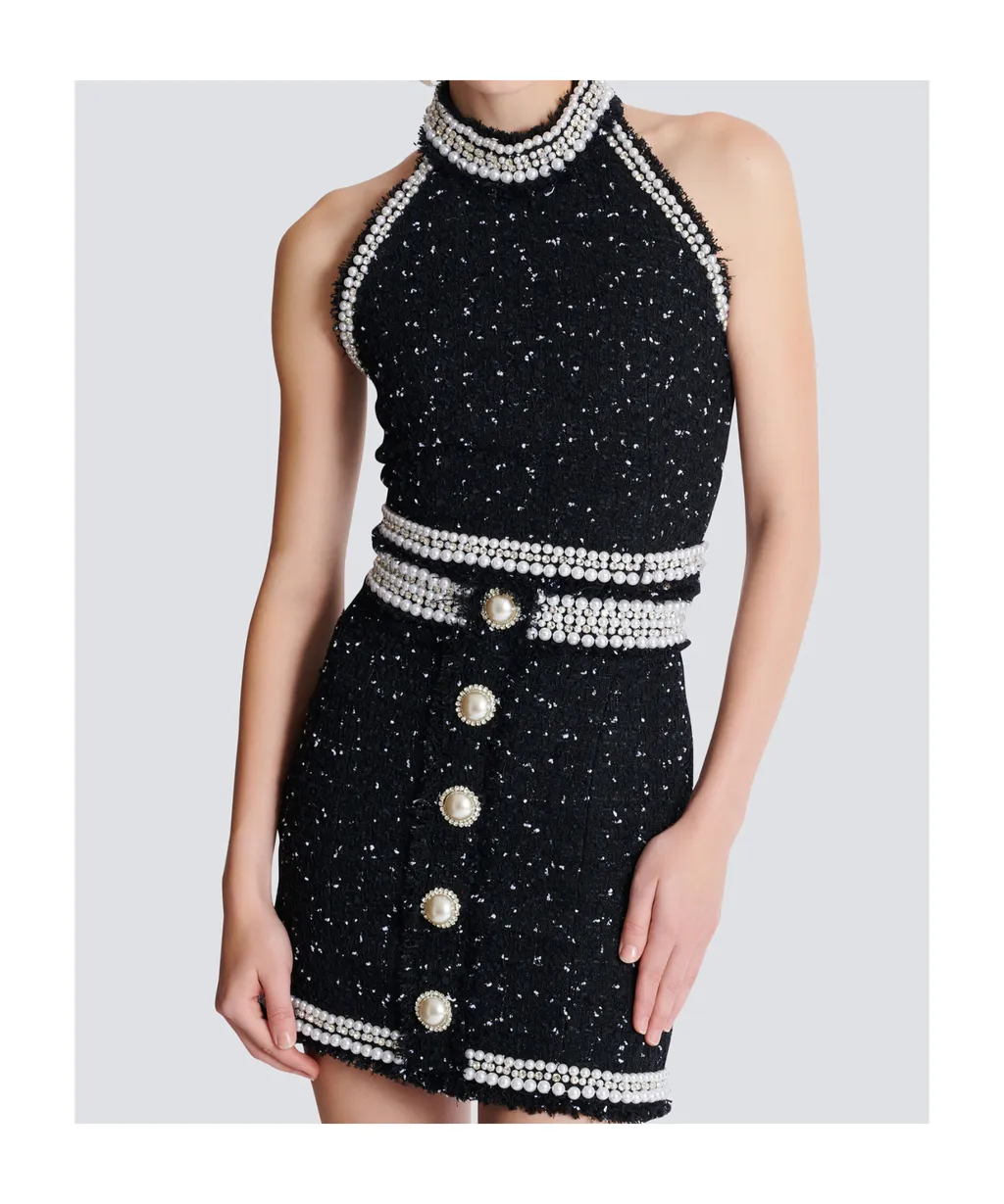 Embroidered Polka-Dot Tweed Halterneck Top