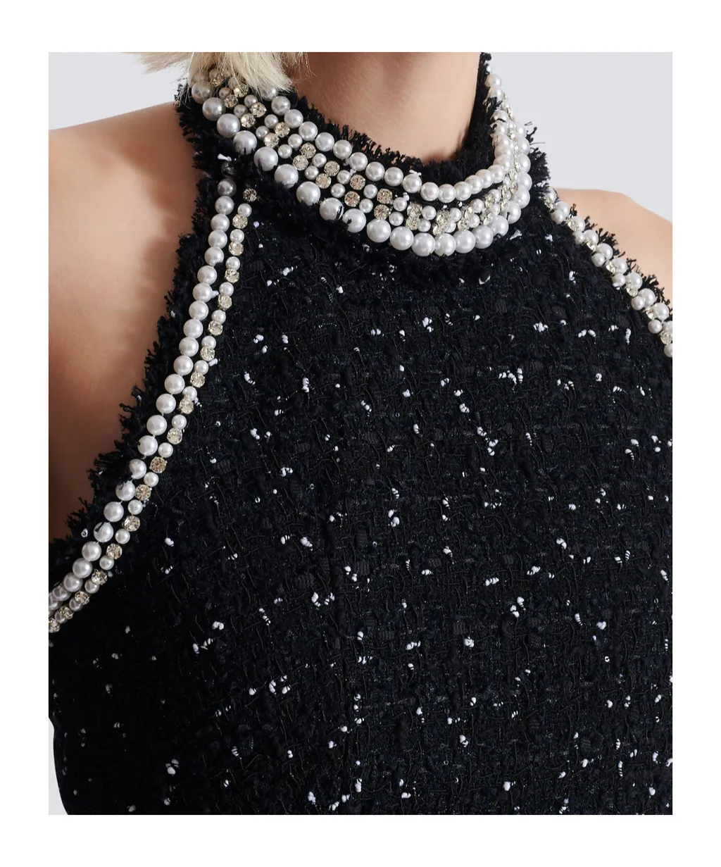 Embroidered Polka-Dot Tweed Halterneck Top