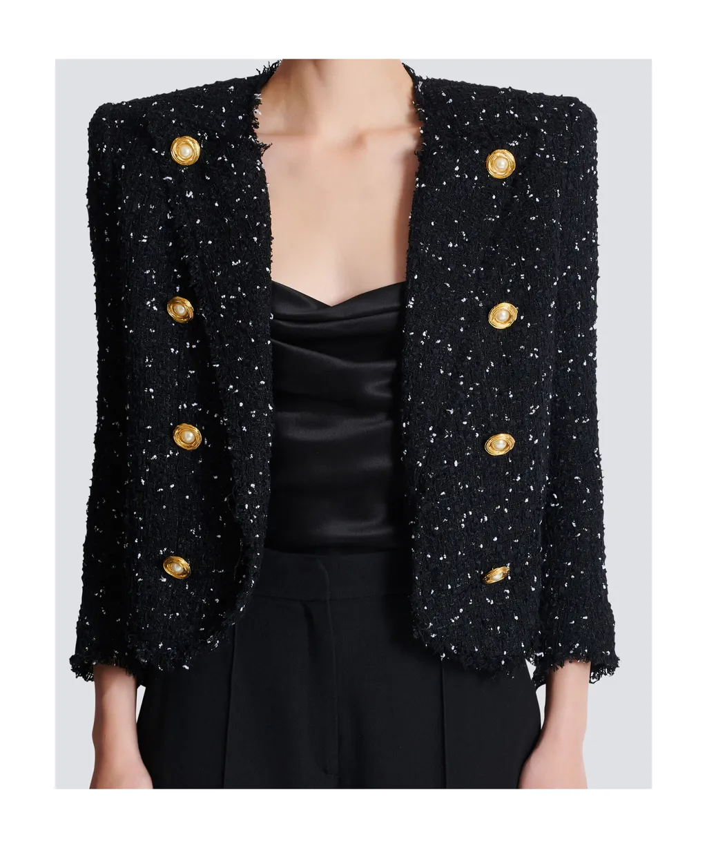 Polka-Dot Tweed Cropped 8-Button Jacket