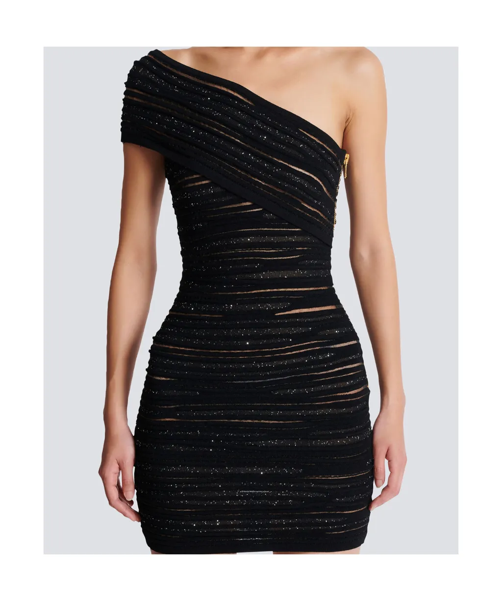 Shiny Rolled Knit Asymmetrical Dress