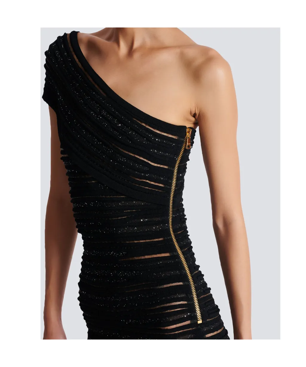 Shiny Rolled Knit Asymmetrical Dress