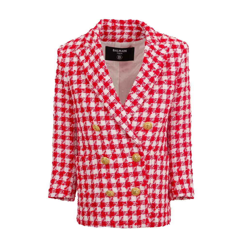 Double-Breasted Gingham-Check Blazer
