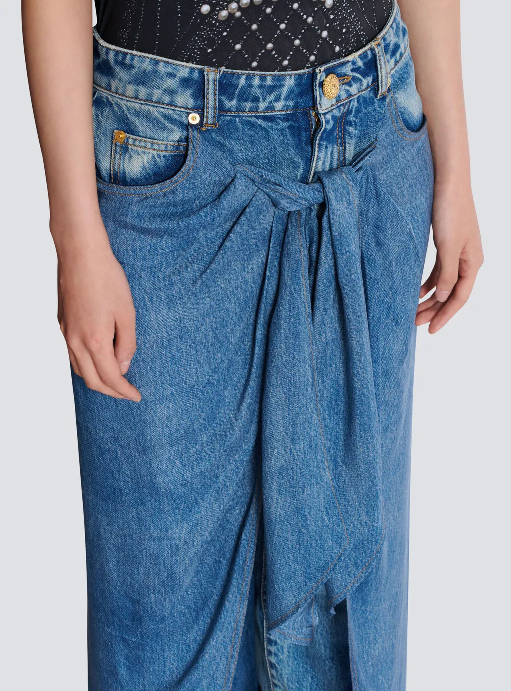 Denim Jeans With Draped Skirt