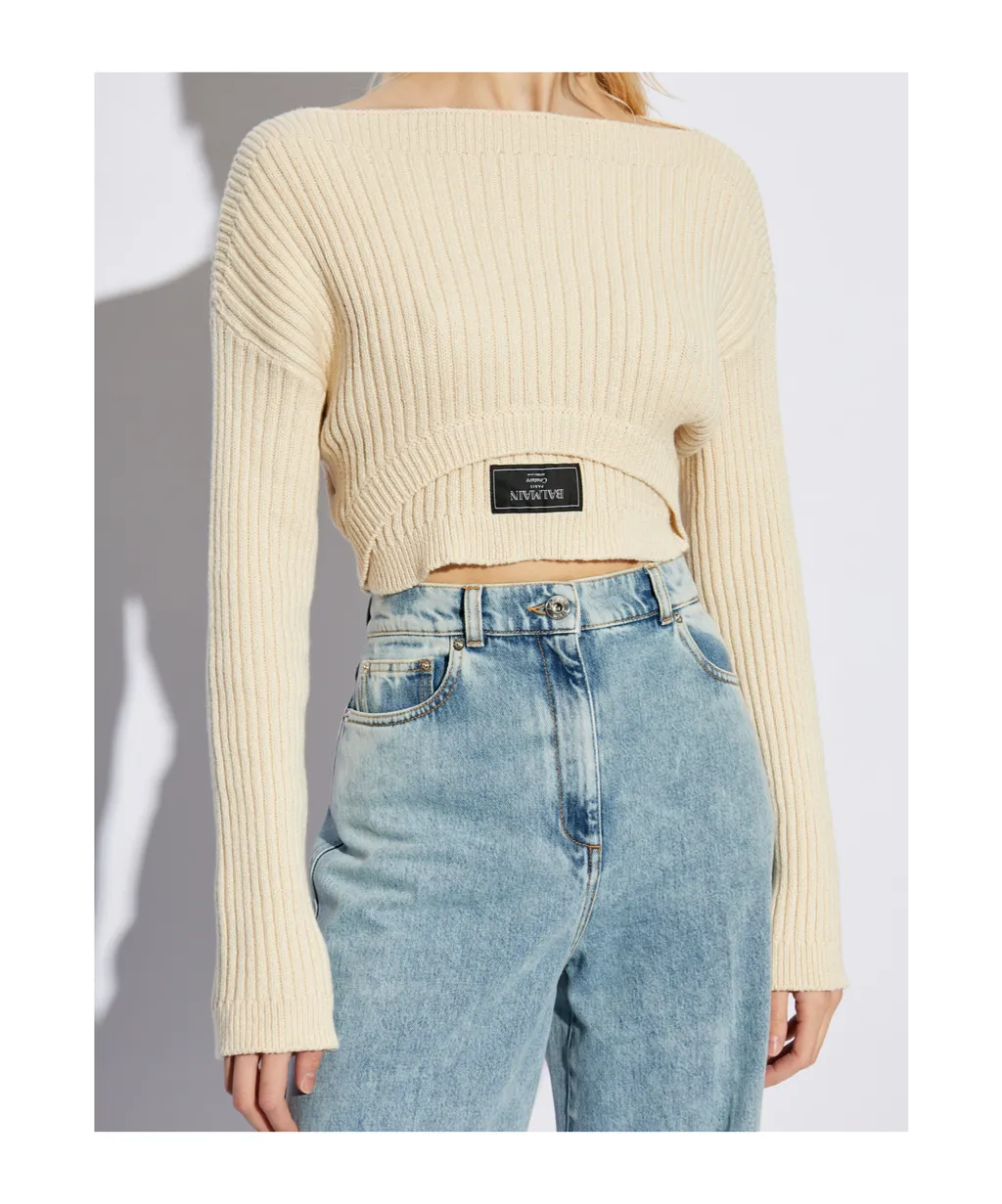 Cropped Boat-Neck Ribbed Top