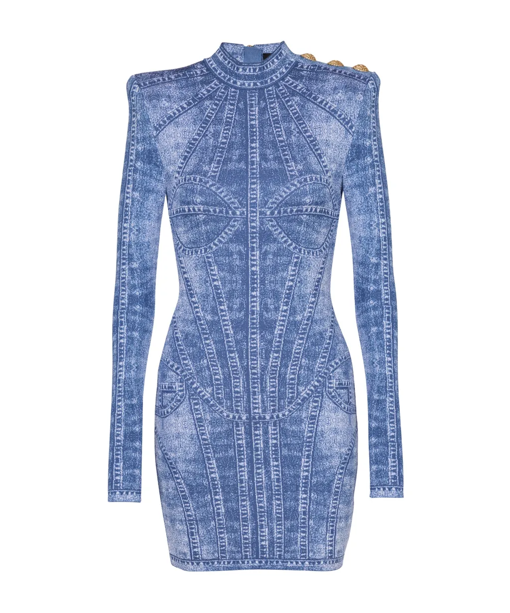 Denim Effect Short Jacquard Knit Dress