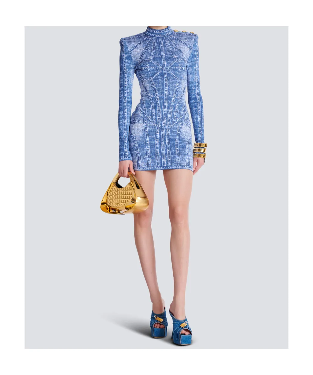 Denim Effect Short Jacquard Knit Dress