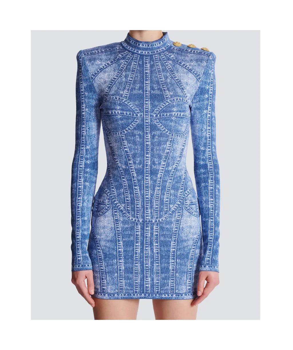 Denim Effect Short Jacquard Knit Dress