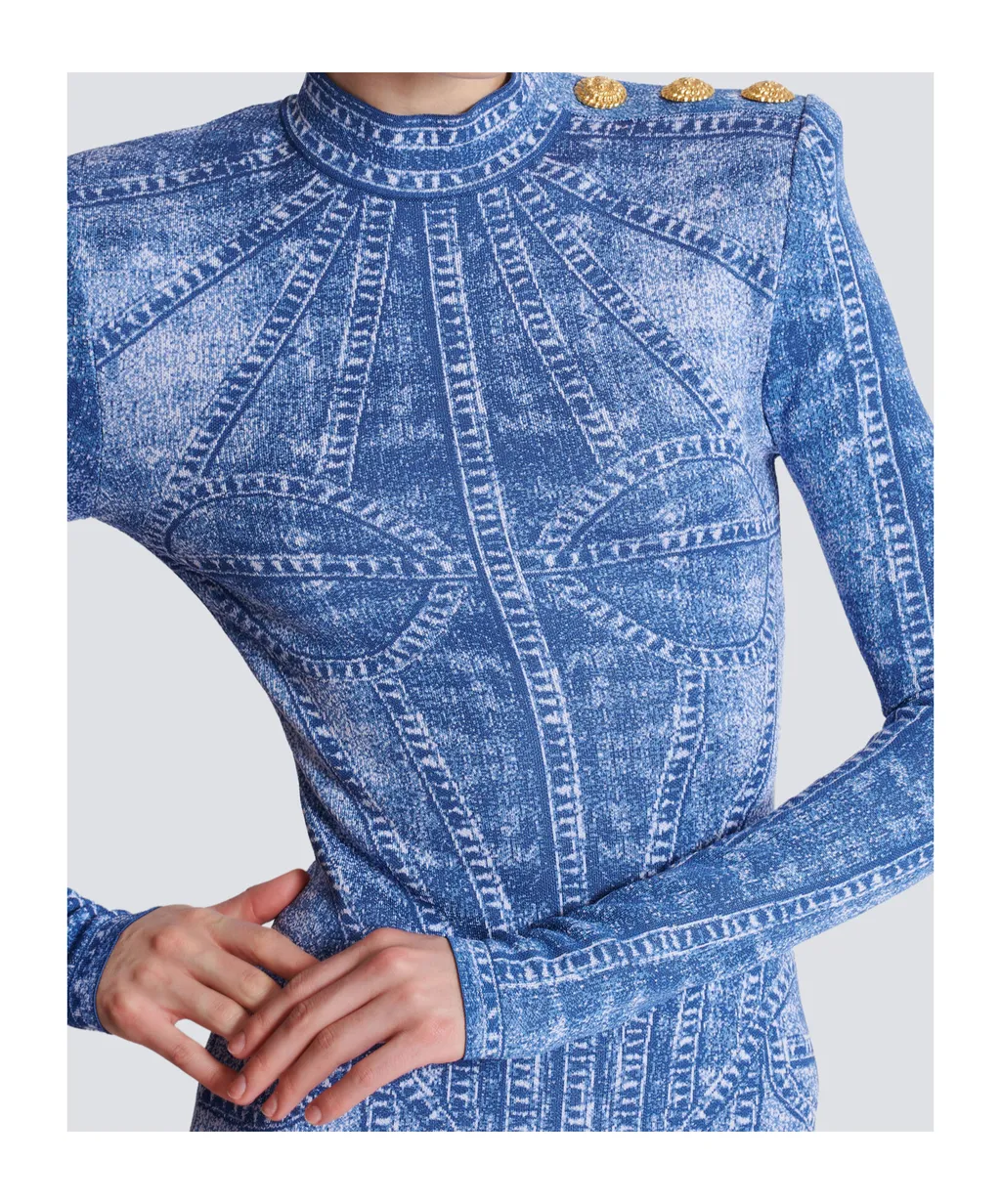 Denim Effect Short Jacquard Knit Dress