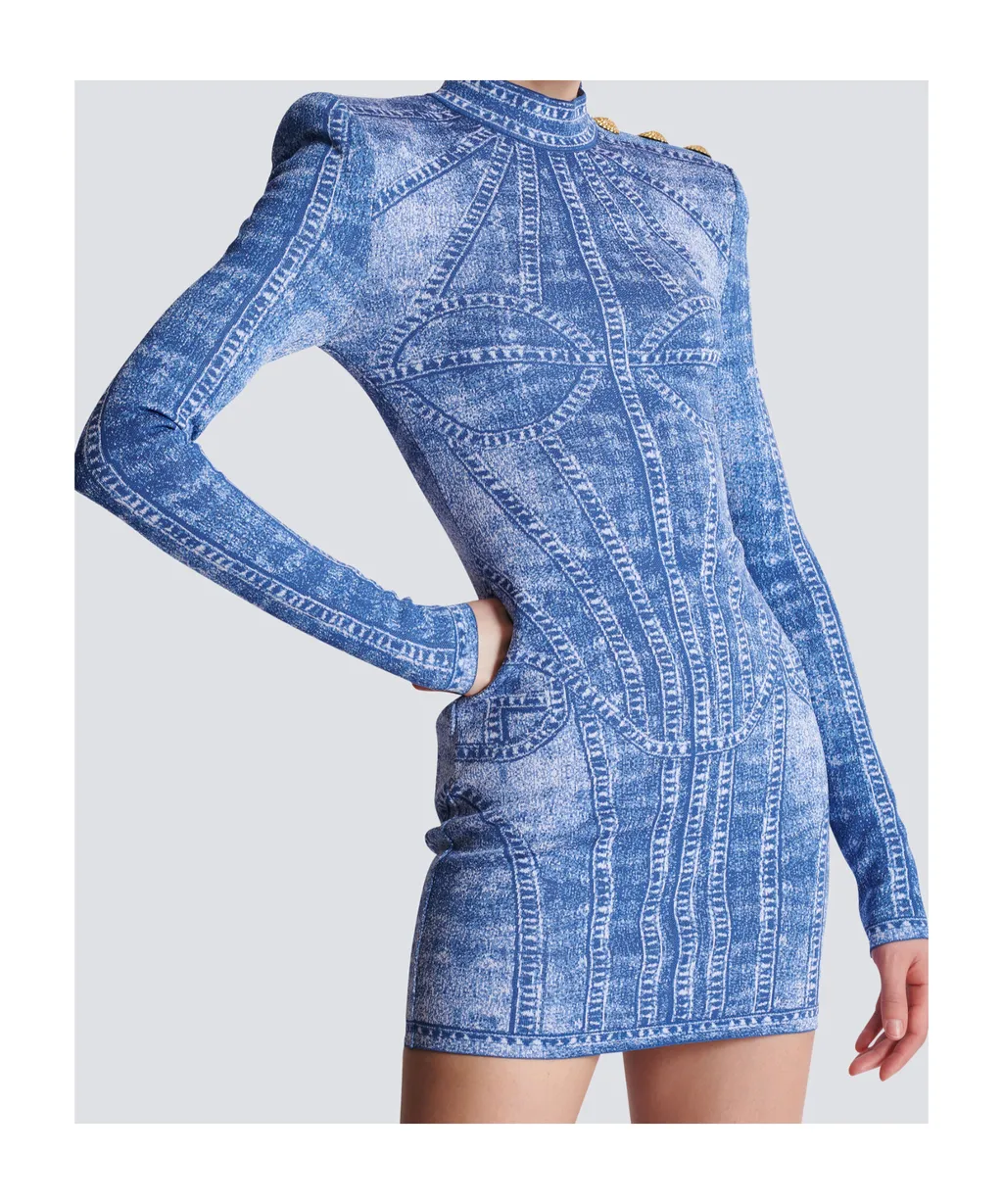 Denim Effect Short Jacquard Knit Dress