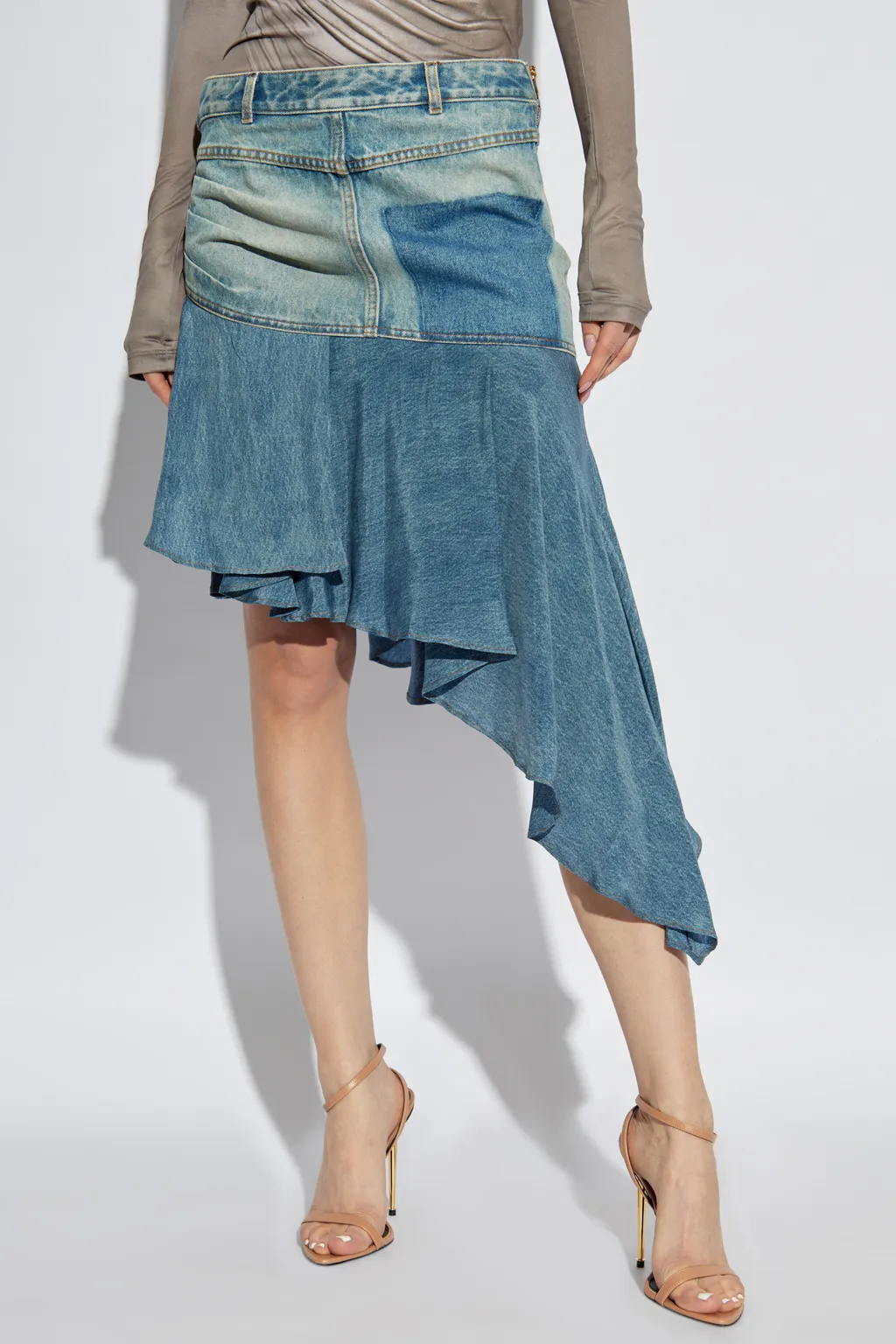 Logo Patch Asymmetric Denim Ruffled Short Skirt