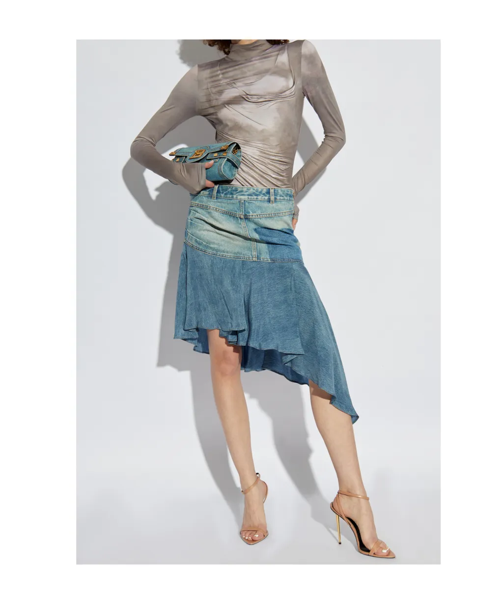 Logo Patch Asymmetric Denim Ruffled Short Skirt