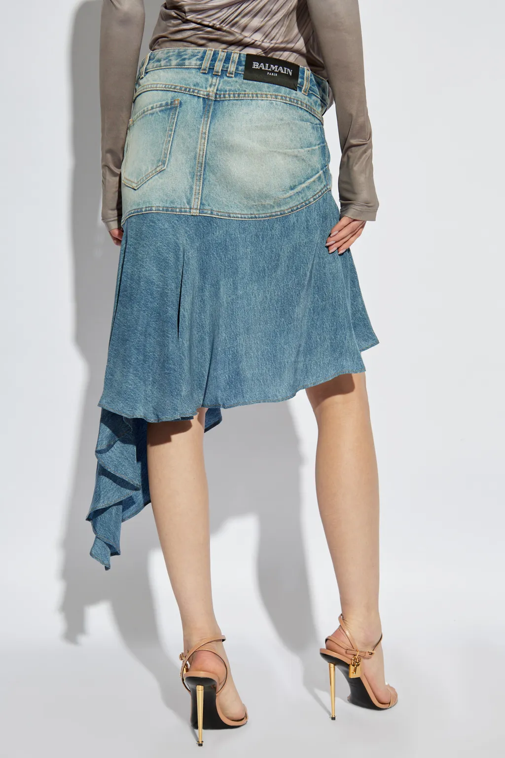 Logo Patch Asymmetric Denim Ruffled Short Skirt