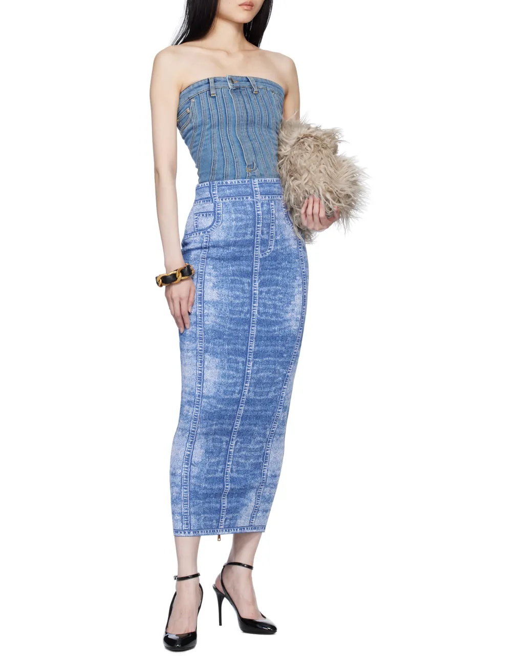 Midi Skirt In Jacquard Knit With Denim Effect