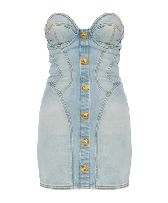Strapless Button Detailed Denim Dress