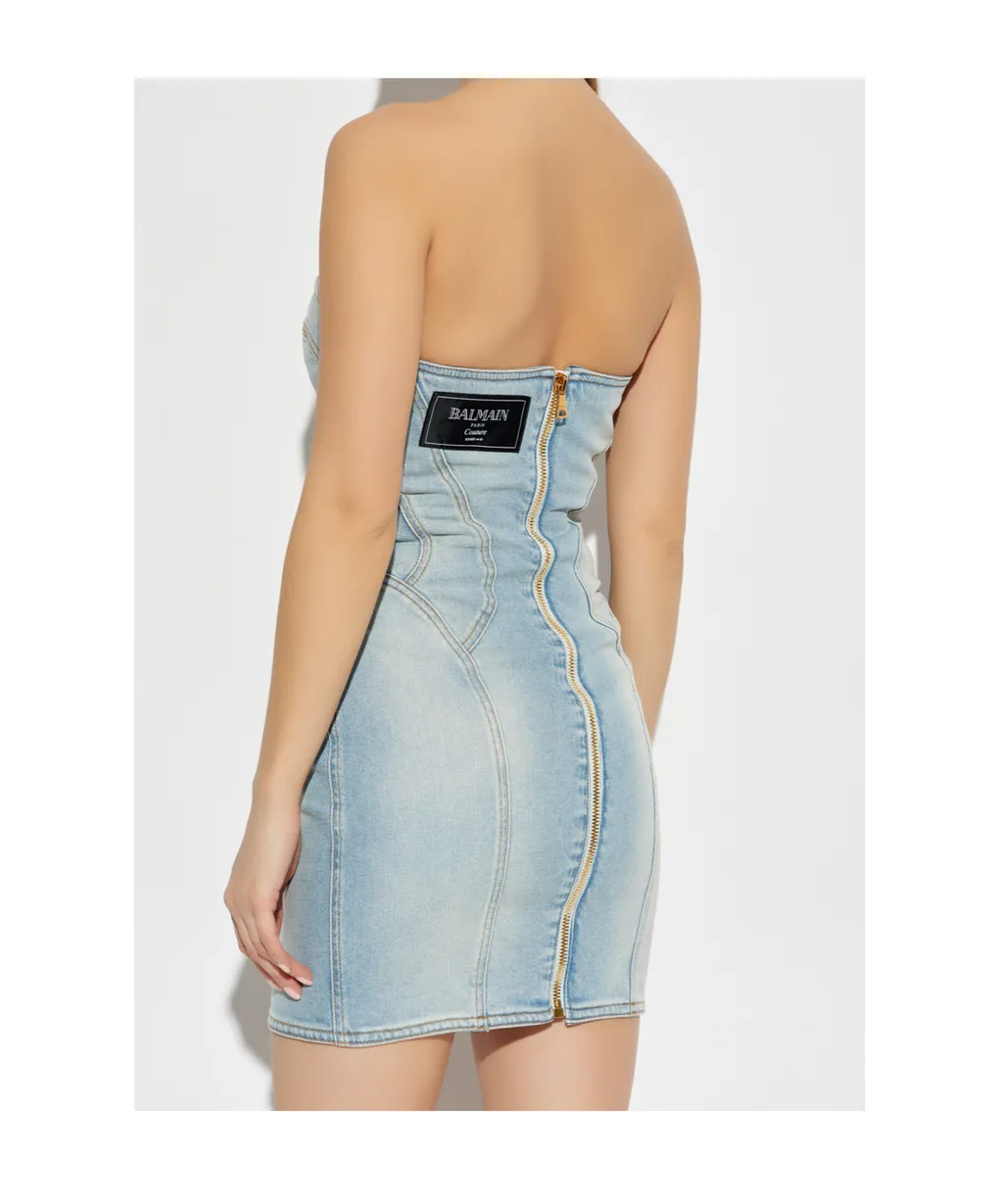Strapless Button Detailed Denim Dress