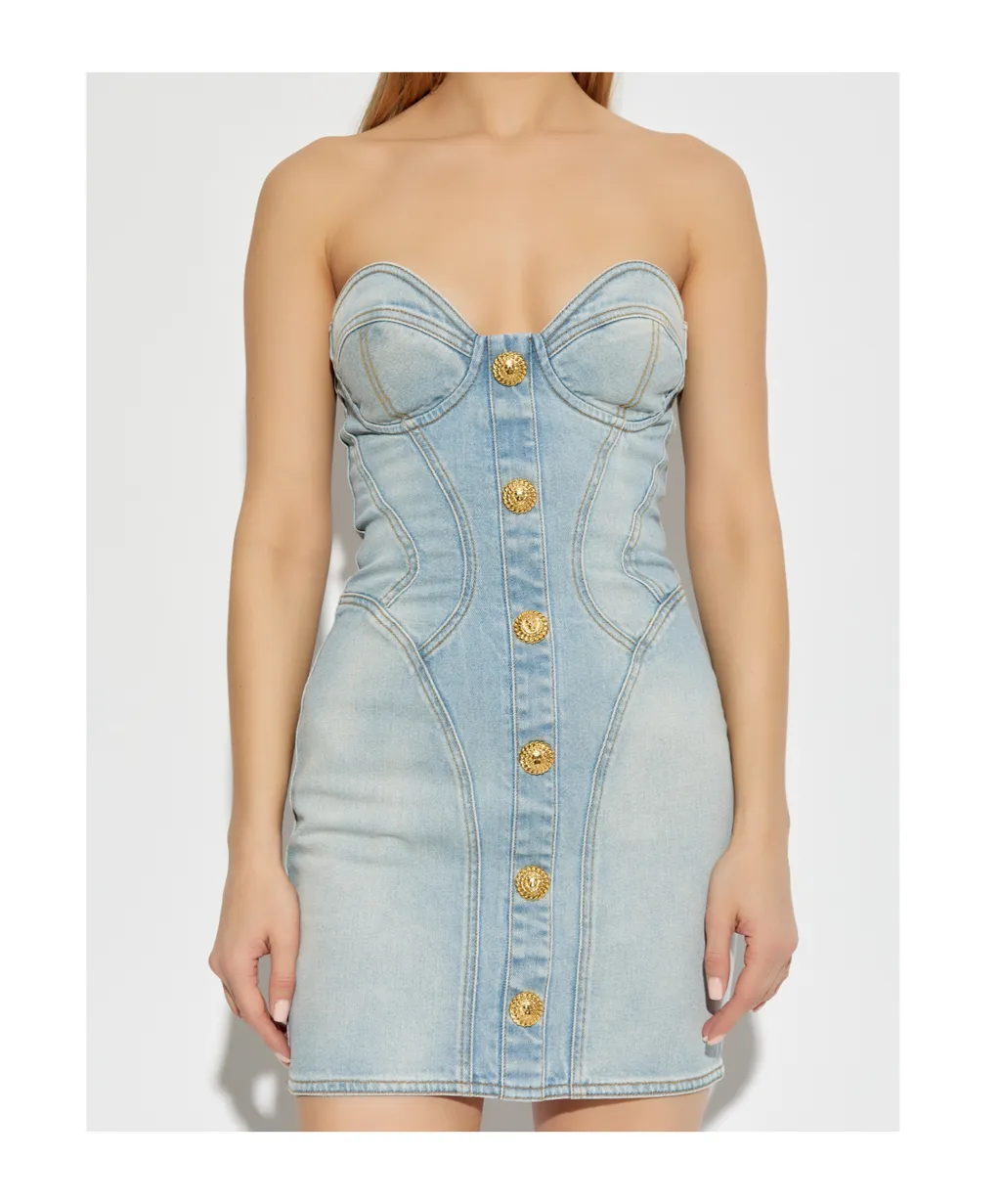 Strapless Button Detailed Denim Dress
