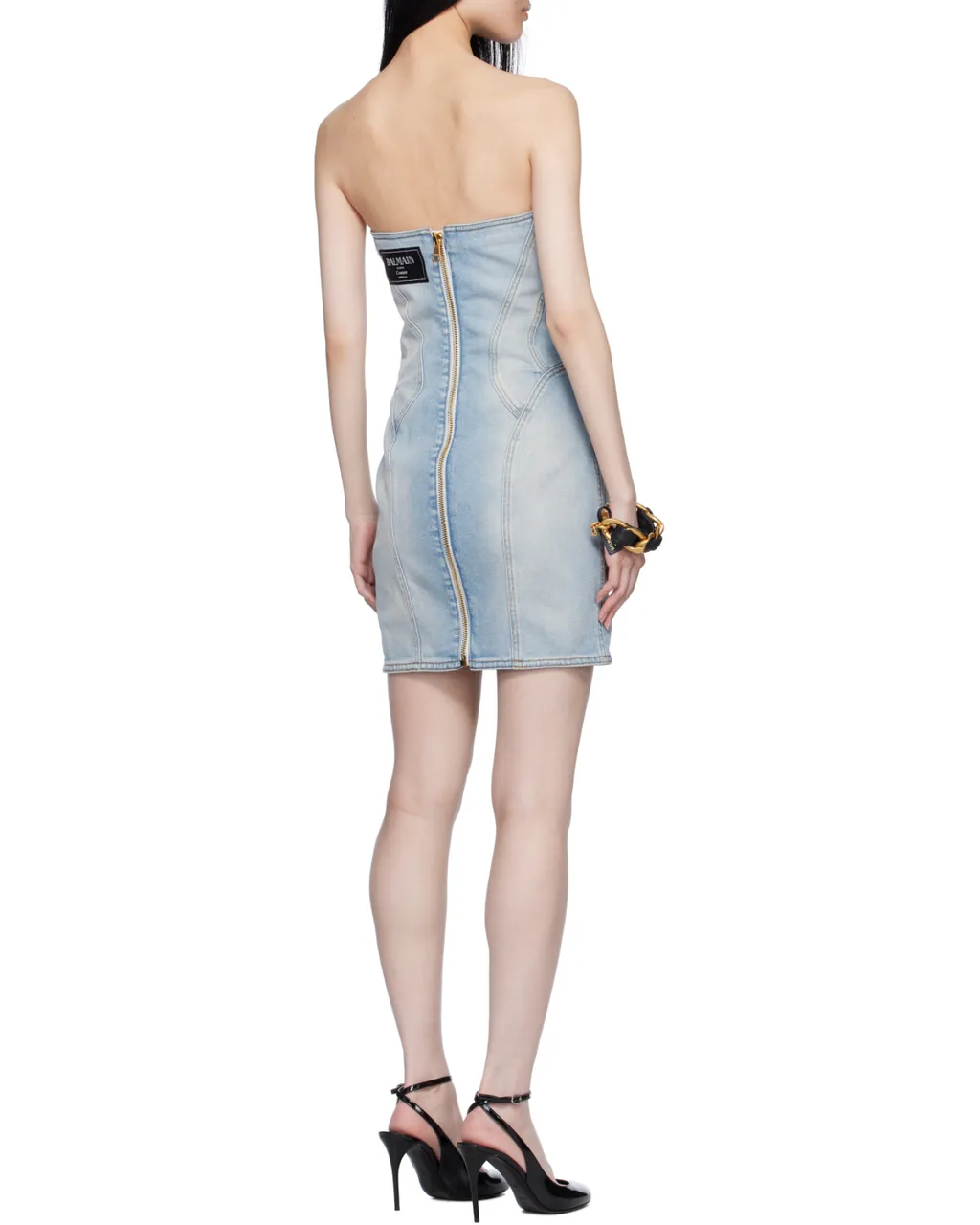 Strapless Button Detailed Denim Dress