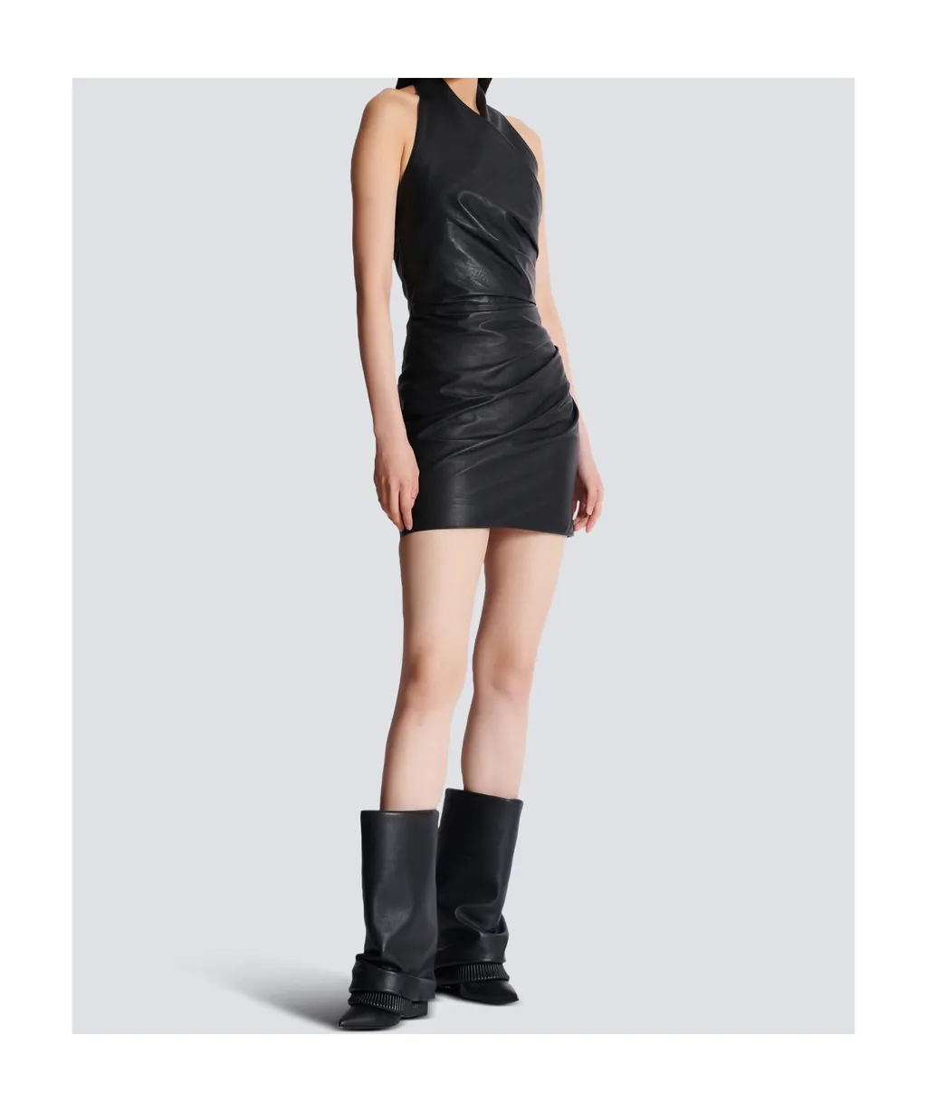 Short Draped Leather Halterneck Dress