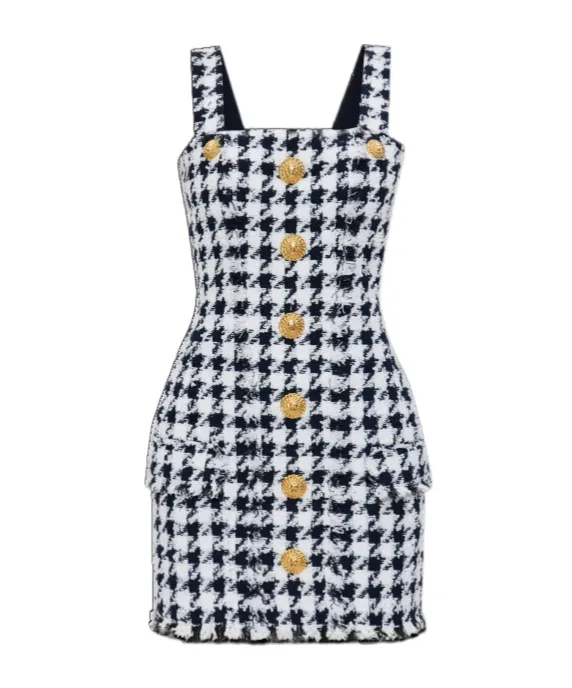 Houndstooth Button Detailed Tweed Dress