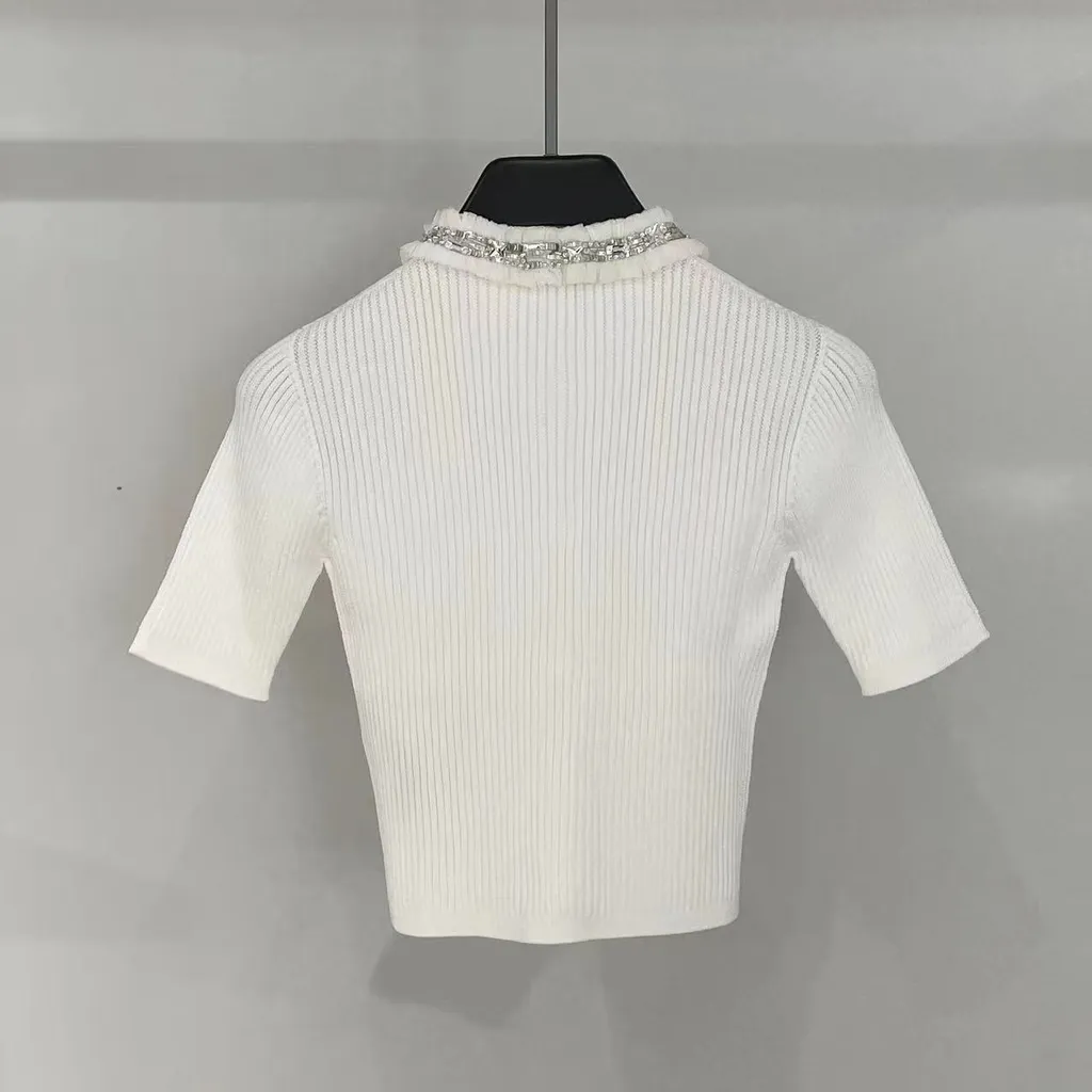 Ribbed Knit Sweater With Embellished Collar