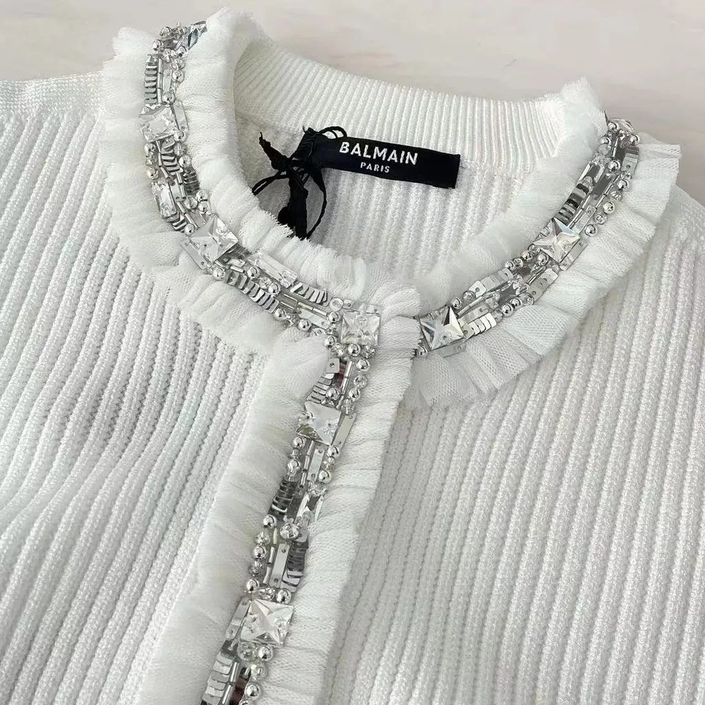 Ribbed Knit Sweater With Embellished Collar