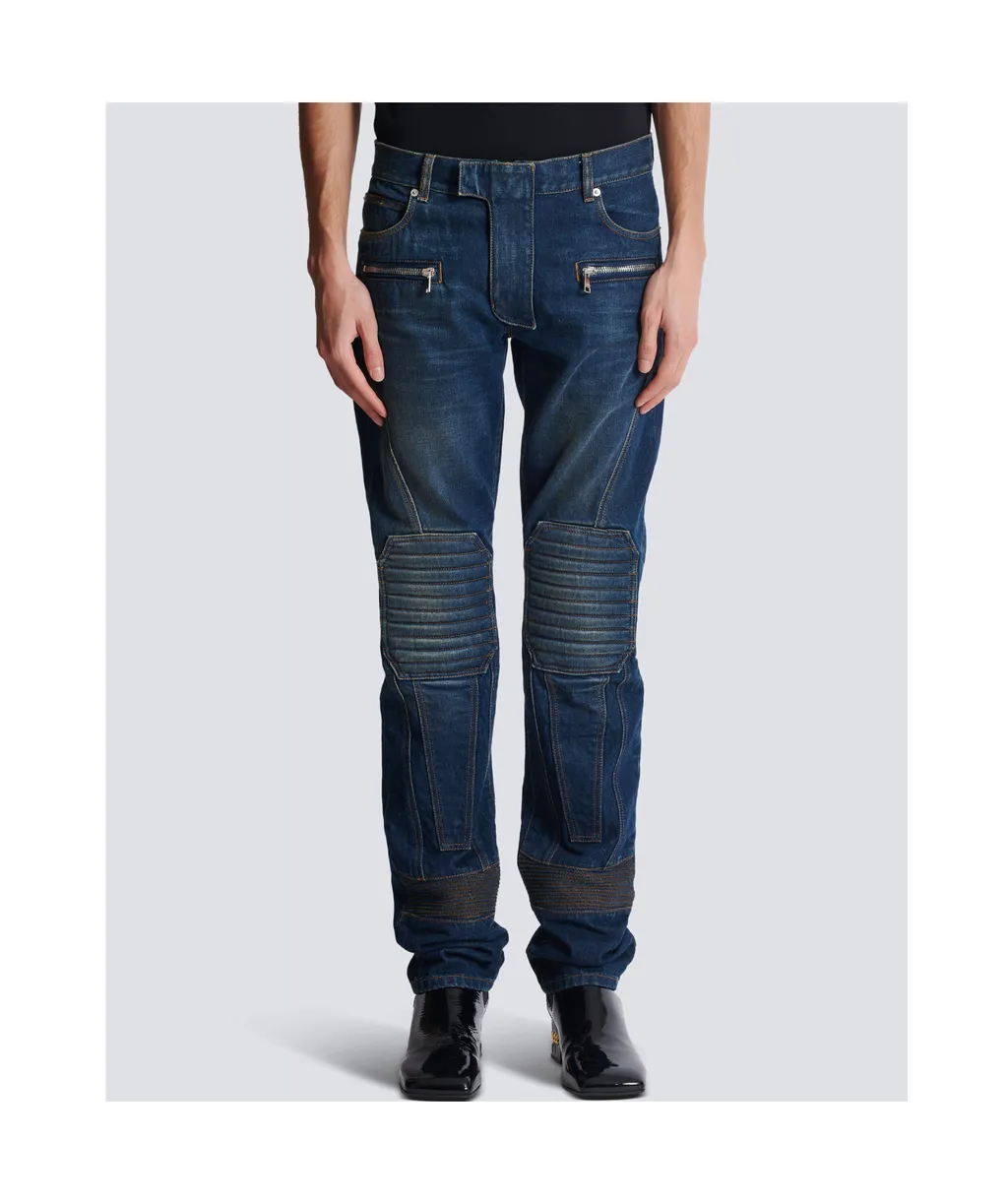 Denim Straight-Leg Biker Jeans