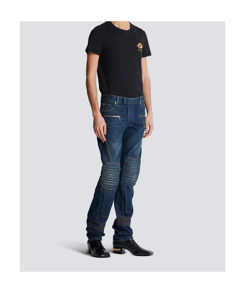 Denim Straight-Leg Biker Jeans
