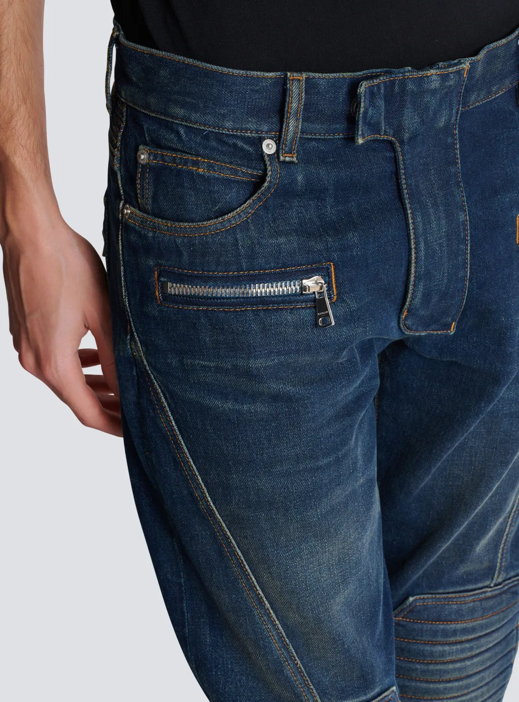 Denim Straight-Leg Biker Jeans